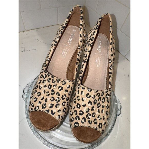 Toms Women Size 8 Michelle Cheetah Print Stacked Heel Slip On Wedge Peep Toe - Picture 4 of 14
